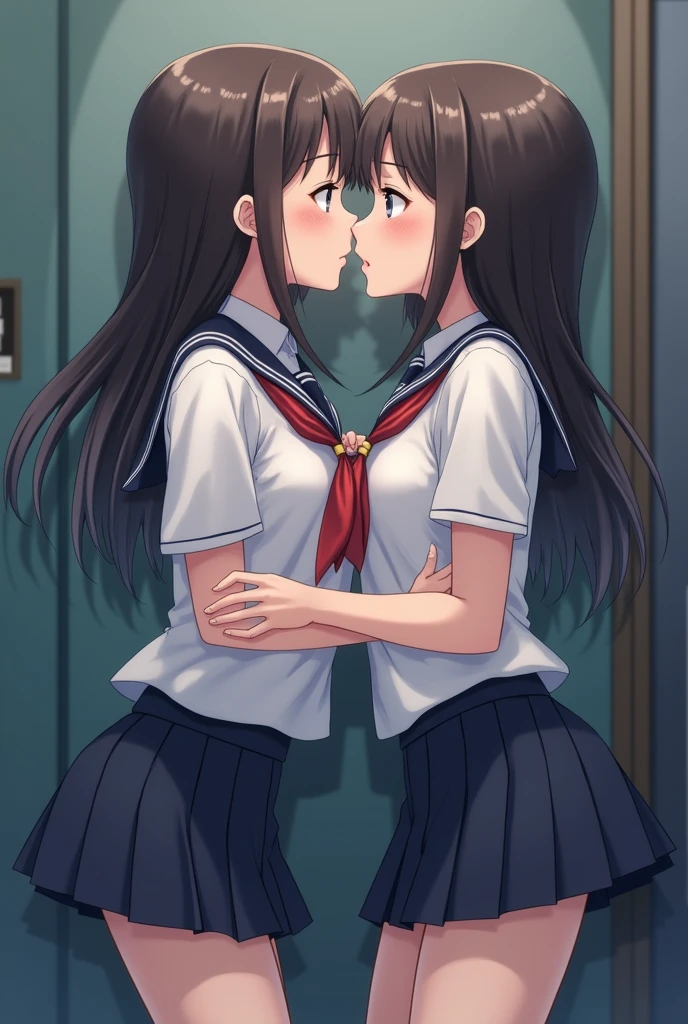 Two girls in small school uniform kissing each other and touching their underwear 