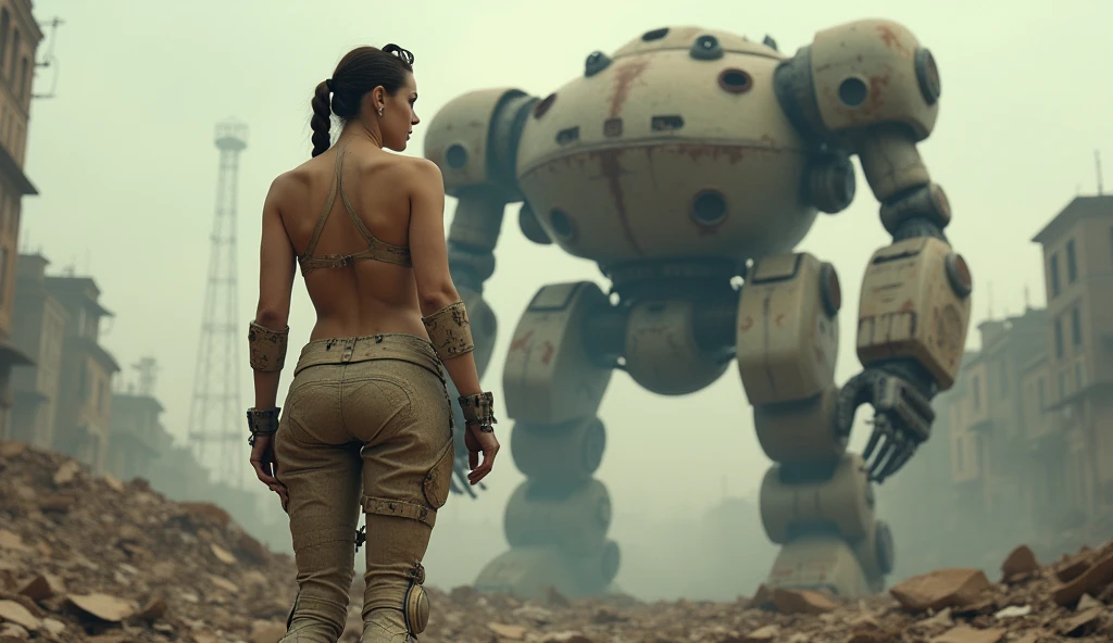 (Masterpiece.UHD.photorealistic. Analog photography. 1950 style) in a dystopian Neo retro futuristic world. An ultra hot gorgeous European woman.Age 23. Epic cleavage (100E breast size)wearing a cyberpunk light dirty armor she stands in a ruined city. in front of a rusty robot 1930 clunky and rusty giant smoking evil war dead robot.