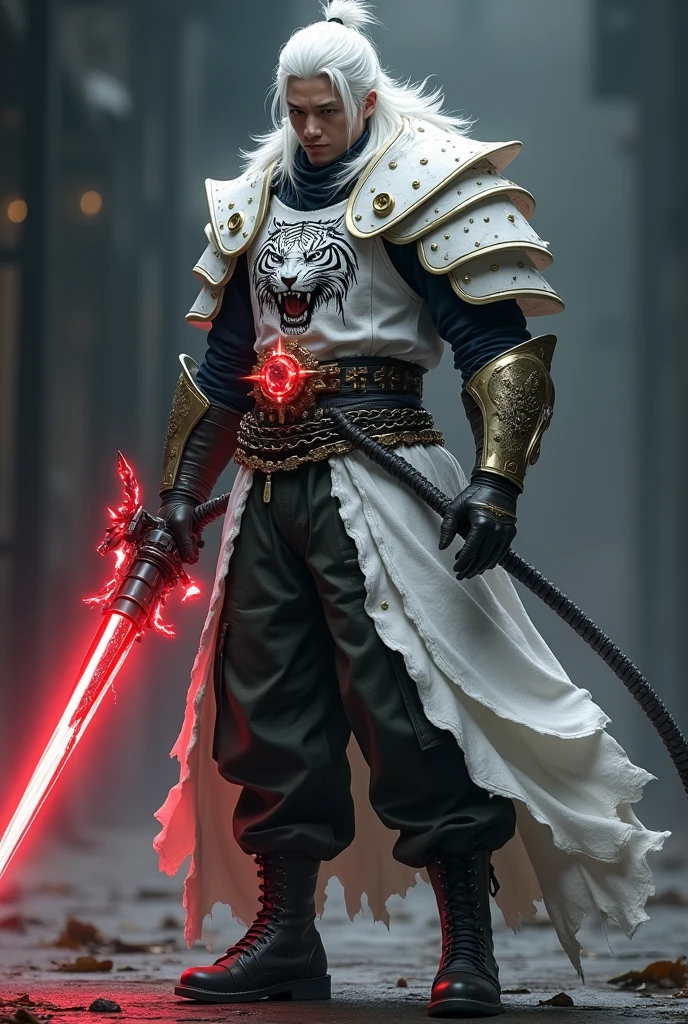 Male age 35, asian, white hair visual kei, wisdom sight, white plate armor, armor plate white tiger, a belt with red ying yang crystal, dark green leather matrix gabardine, dark green cargo, red fire arms, chains around the belt, leather boots with chain pins, cyberpunk japanese style, athletic strongest, magic powers, action, black cat nails, crazy pose, dark night backgroud