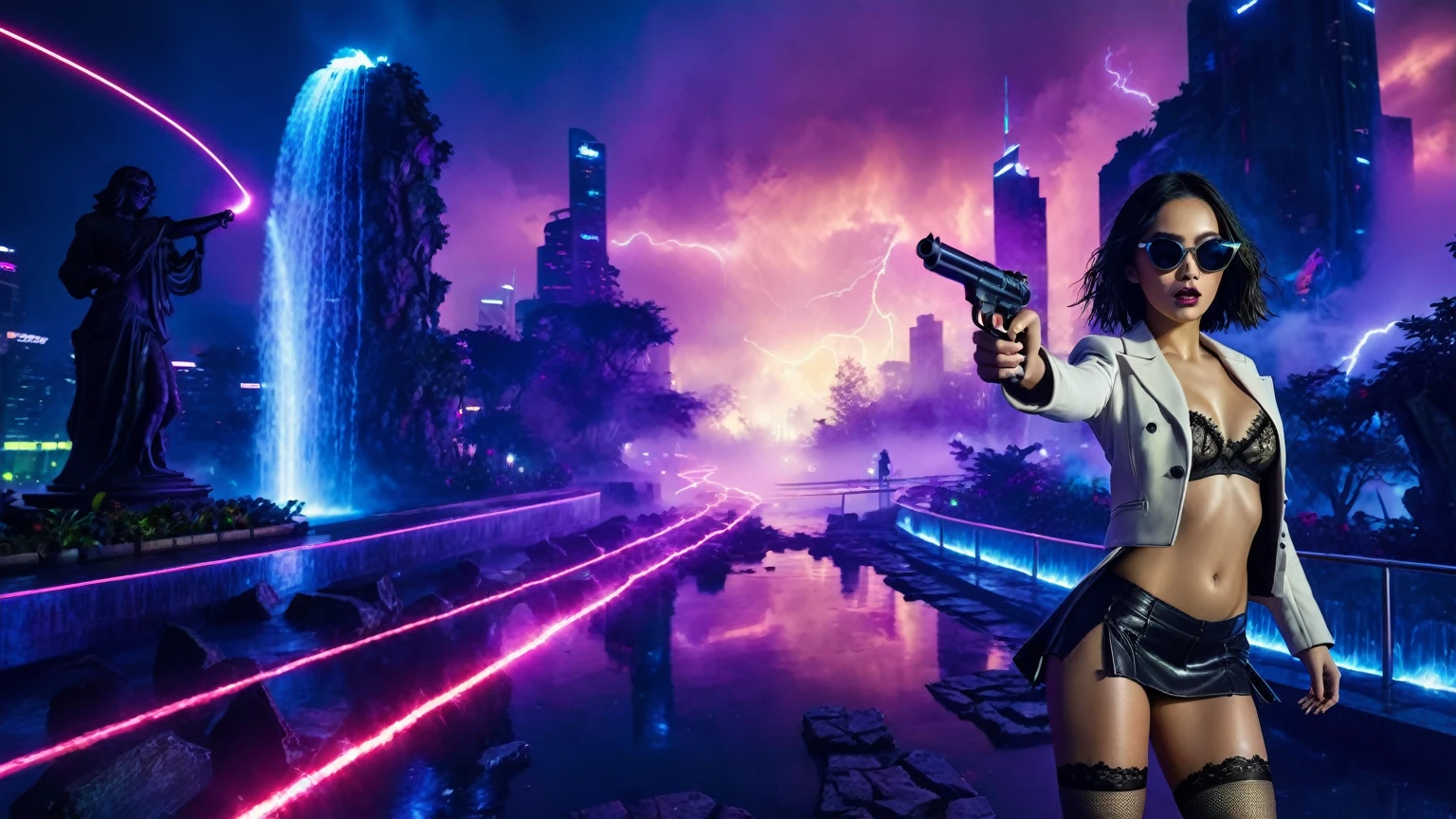 At night, aerial view of a mysterial sky garden, horror dark statue, a holographic cyberpunk city in the background with flying vehicle, fountain, waterfall, lightning, atmospheric fog, Matrix style, at night, (1girl, solo, alone), photorealistic, medium-breast slim:0.6 body, oval:0.5 face, cleavage:1.1, sexy black laced bra, miniskirt, white laced panty, coat, (black micro sunglasses), (holding a short gun), (slightly leaning forward running pose), ((half-body thigh level medium shot)), cinematic lighting, ray tracing, motion blur background.