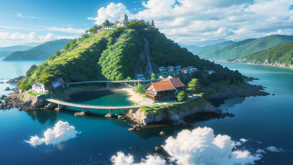 Shinkai Makoto style,Sky Island,There is a small house on the island,Colored trees,Suspension bridge link between small islands,Bubble cloud