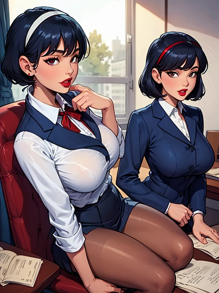 Ultra-detailed,athletic bodies,bob hair,(makeup:1.2), Smile, gazing at viewer, Business attire, Business Suit, Short skirt, white shirt,Office, windows, a desk, computers, barefoot, sit on a chair, focus full body