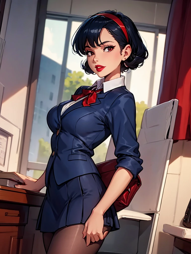 Sharona, wearing a navy office suit, white shirt, navy skirt,red lips,hairband, black tights, high quality, 