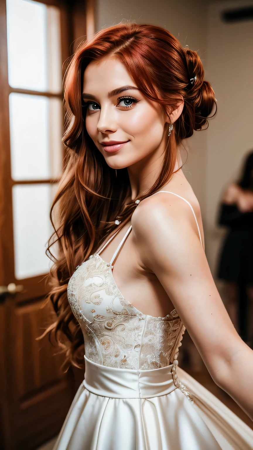 Realistic full body photo of a smiling redhead woman with long hair, Braided hairstyle, She dances in front of the camera in a long A-line wedding dress with straps made of shiny satin., Park,glamour fotoshooting, Wedding celebration, perfect anatomy, perfect green eyes. Perfect hands with 5 fingers on each hand, Matching girl, looking at the camera, 1 Frau. (Eye make up:1.1), (highly detailed skin:1.1), spirit, analog style, keen focus, 8K UHD, dslr, good quality, Fujifilm XT3, Grain, Award-winning, masterpiece. Wedding celebration