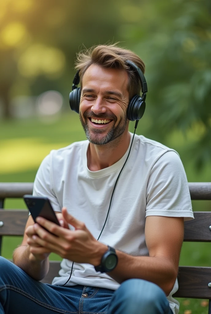 Cheerful man listening to the radio on his cell phone with headphones