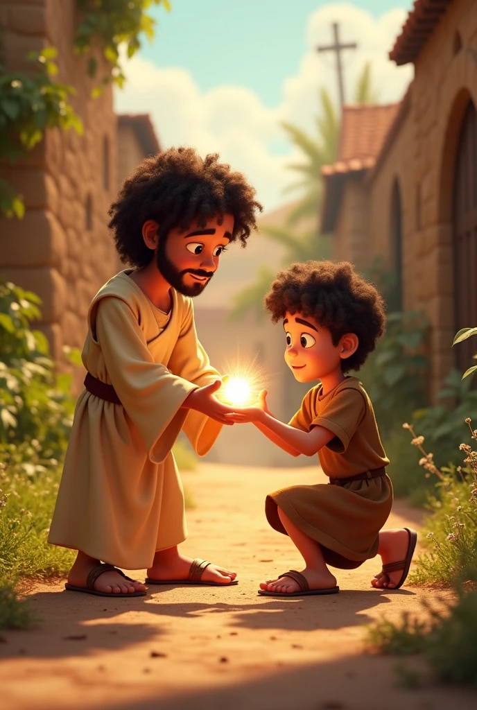 A 3D movie poster in Disney-Pixar style of Jesus as a kid helping his friend that broke his ankle, after praying a very bright light appeared in Jesus' hands while he was grabbing his friend’s ankle