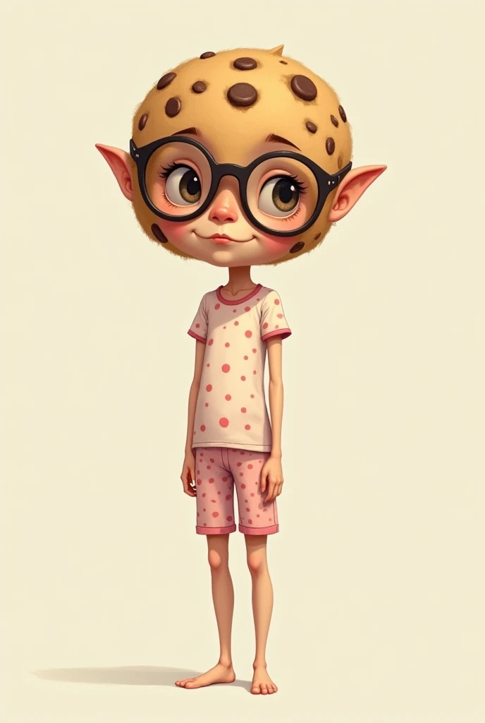 human skinny girl that have a cookie head, wearing glasses and pijama
