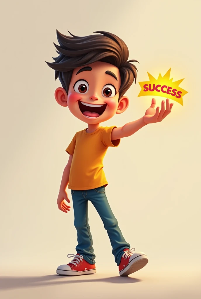 Create an boy image with happiness face and write success logo in palm