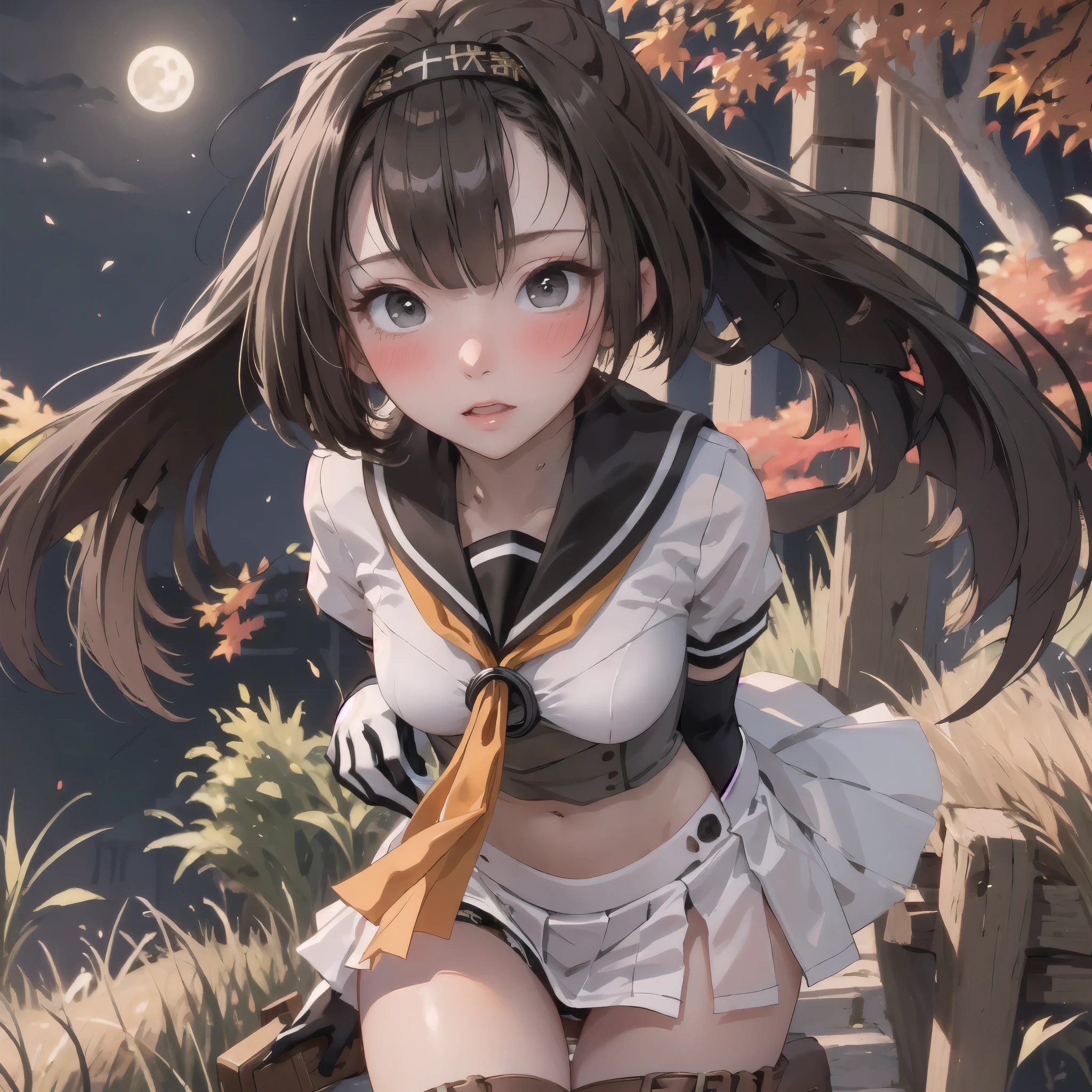 (masterpiece, Highest quality:1.4), Highest quality, masterpiece, High resolution,
(Perfect Anatomy), (Symmetrical eyes, Highly detailed eyes, Beautiful Eyes), (, Highly detailed face, Beautiful Face), (black eyes),
destroy the girl, alone,,((Browsing Caution)), (Second from the bottom.1)
Autumn MoonKC, (Autumn Moon) uniform, (black) head band, (black) Sailor collar, (yellow) neckerchief, (colorful) gloves, (white) Pleated skirt, (gray) boots, (white)(black) gloves, (Right side) Thigh straps,(Short sleeve) Seraphim, (gray) corset, mini skirt,Blushing at the viewers&#39; gaze, Cowboy Shot, To the audience:, smile, (Pool Background),Wet clothes, Wet Hair
(Skirt flip), Full-fledged panties, bending