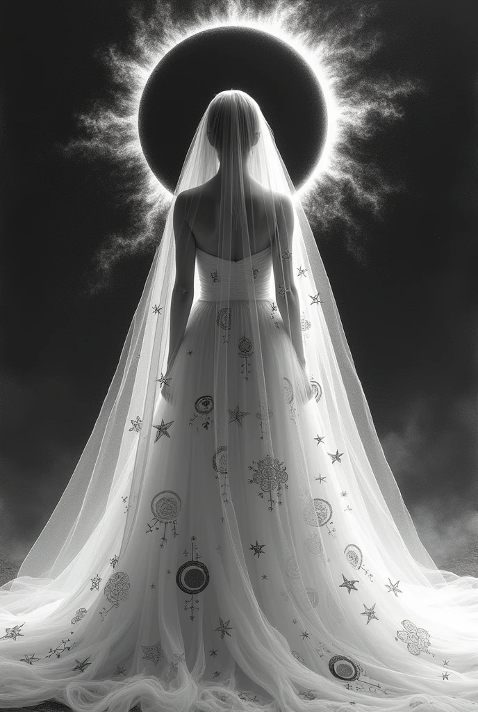 create a sketch of a woman from behind wearing a veil that covers the bride's face with a lot of volume, inspired by the solar eclipse, with embroidered designs