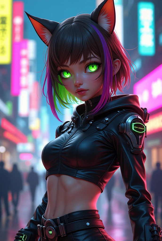 Make a female character With features of a cyber punk cat mixed with cute and also mix the essences ideas or style of clothing or hair in the Vtubers mii reis and emikotoone with medium and brown hair with neon green streaks pink and purple and the hair style can be any