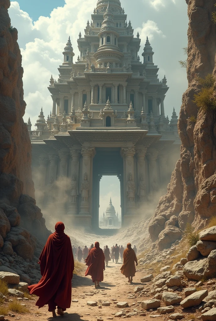 Temple Destruction: "Visualize a sacred temple being attacked by Muhammad Ghori's forces. Stone statues are shattered, and parts of the temple walls crumble under the force of the attack. In the distance, local villagers and monks flee in terror."