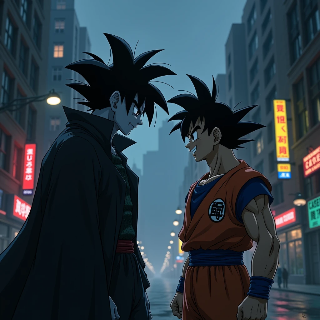 Draw Goku smiling at the vampire in a dark city 