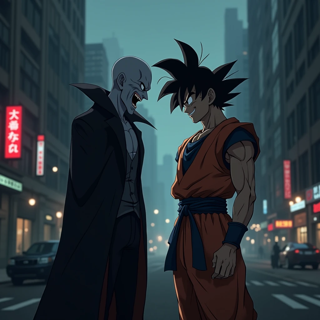 Draw Goku smiling at the vampire in a dark city 