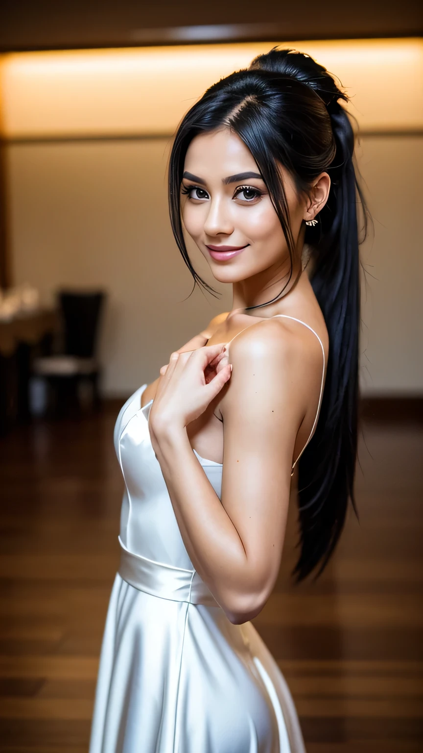 Realistic full body photo of a smiling black-haired young girl with long hair, ponytail hairstyle, She dances in front of the camera in a long A-line wedding dress with straps made of shiny satin., Park,glamour fotoshooting, Wedding celebration, perfect anatomy, perfect brown eyes. Perfect hands with 5 fingers on each hand, Matching girl, look into the camera, 1 Frau. (Eye make up:1.1), (highly detailed skin:1.1), spirit, analog style, keen focus, 8K UHD, dslr, good quality, Fujifilm XT3, Grain, Award-winning, masterpiece. Wedding celebration
