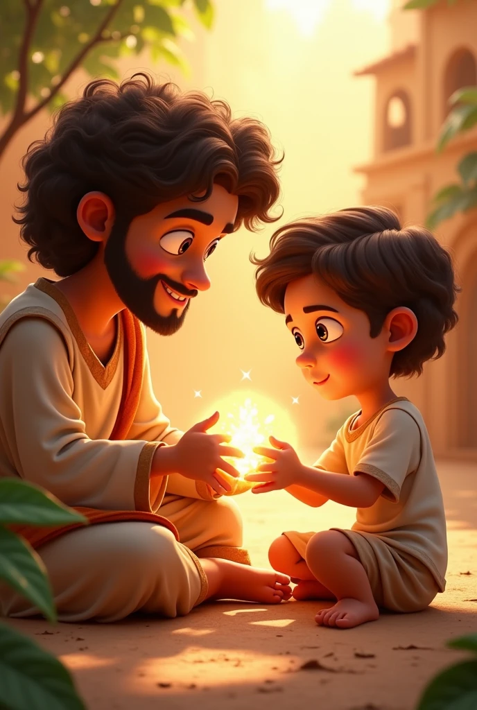 A 3D movie poster in Disney-Pixar style of Jesus as a kid helping his friend that broke his ankle, after praying a very bright light appeared in Jesus' hands while he was grabbing his friend’s ankle
