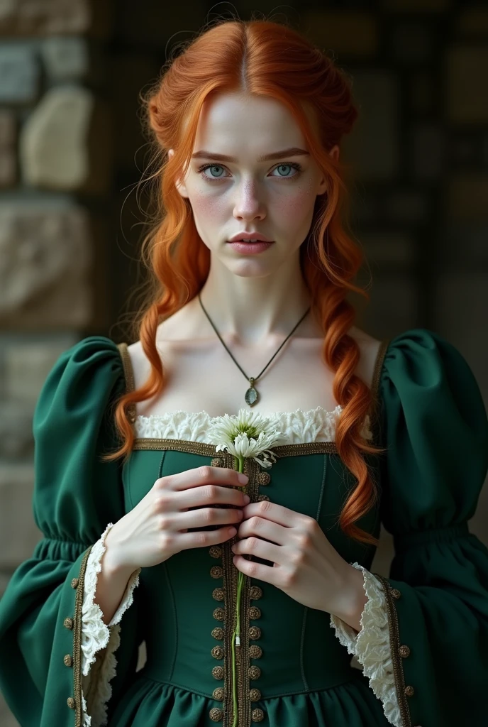 A viking Ginger girl, Dark green medieval dress with white details, looking like a movie scene, She holds a white flower in her hands, looking forward with teary eyes, snow-white skin, closeup