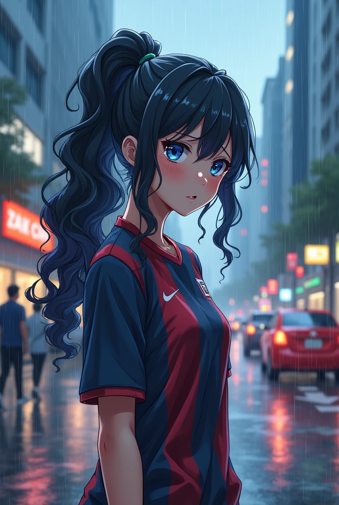 anime girl with curly hair. Blue eyes, long ponytail, soccer jersey, wet from the rain, standing on the sidewalk of a main street in the rain, signs of frustration clear on her face