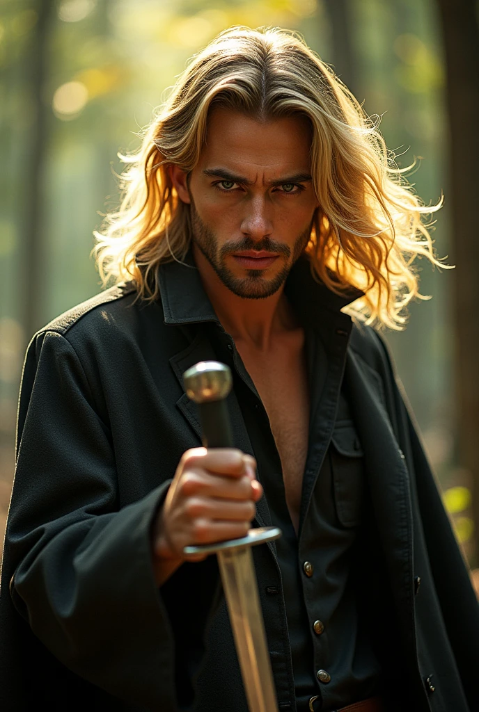 A man with blond hair,he is holding a dagger ,he is laughing,forest of light scenario,scenarioposes,make-up,cinema image,品質,full body images,detailed,full body image,high resolution,