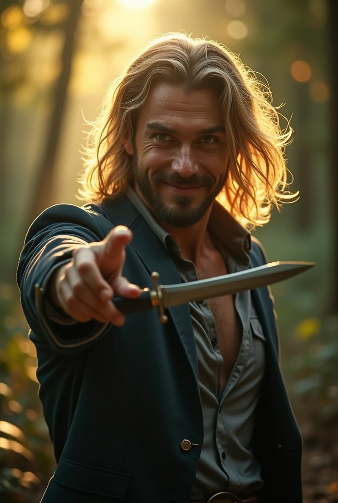  A man with blond hair,he is holding a dagger ,he is laughing,forest of light scenario,scenarioposes,make-up,cinema image,品質,full body images,detailed,full body image,high resolution,