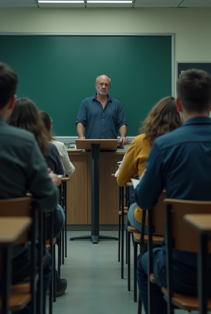In the style of real movies，Exam in the classroom，Students sit at desks with their backs to the camera and answer questions seriously，Podium，blackboard，The invigilator stood in the middle and looked down to see if any student was cheating.