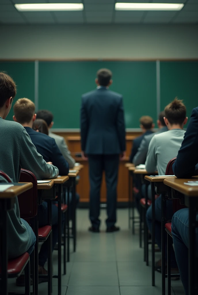 In the style of real movies,Exam in the classroom,Students sit at desks with their backs to the camera and answer questions seriously,Podium,blackboard,The invigilator stood in the middle and looked down to see if any student was cheating.