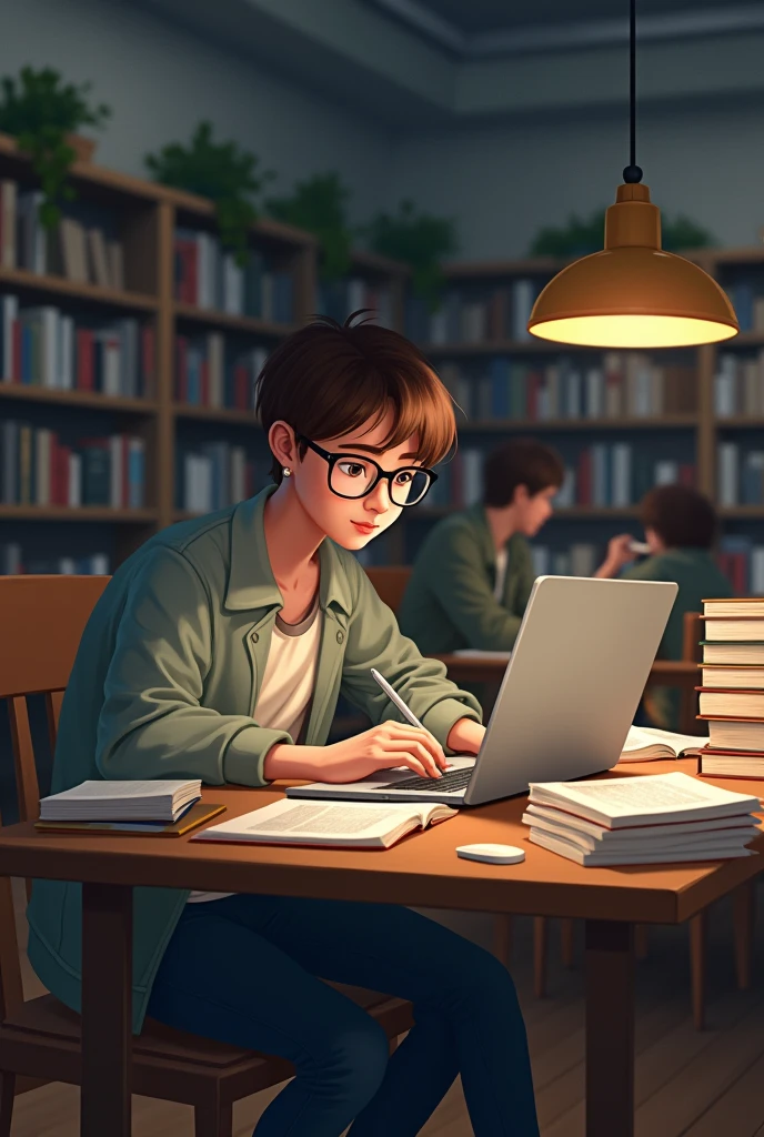 college working on laptop in library with a specs on and a pen in mouth and books on table