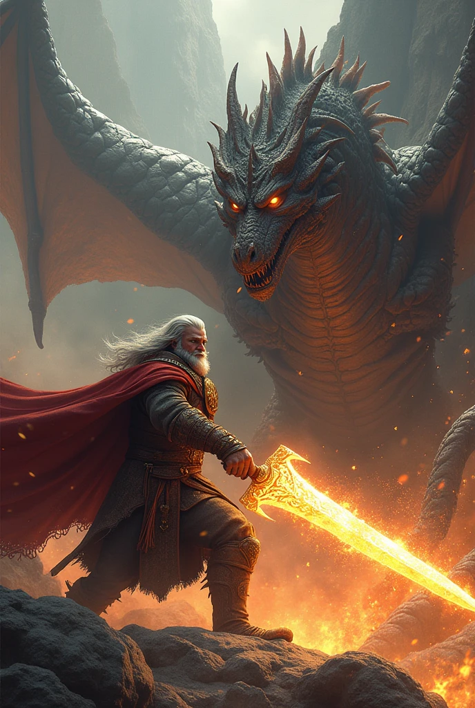 With a swift and powerful swing of the Iron Flame, the Dwarven King Thrain strikes a decisive blow with the enchanted sword, the iron flame killing the dragon and restoring peace. The story of this victory echoes through the ages, immortalizing the dwarves of Ferrogrim as fearless warriors and legendary blacksmiths.