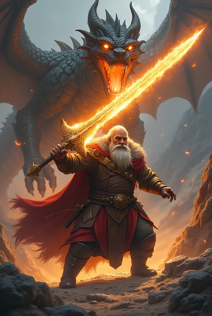 With a swift and powerful swing of the Iron Flame, the Dwarven King Thrain strikes a decisive blow with the enchanted sword, the iron flame killing the dragon and restoring peace. The story of this victory echoes through the ages, immortalizing the dwarves of Ferrogrim as fearless warriors and legendary blacksmiths.