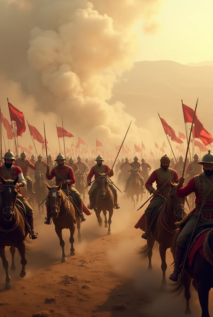 Haldighati Battlefield: A dramatic view of the Haldighati battlefield, with Rajput and Mughal forces clashing. The air is filled with dust, and the scene is chaotic with swords clashing, horses rearing, and warriors fighting bravely.