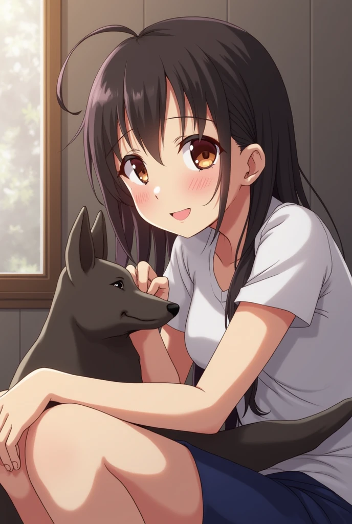 thin girl, naked, black hair, small breasts, shy look, in bed, completamente naked, shy attitude, uses two pigtails in her hair, short stature, anime, , hentai, cute, Ahegao, flat tits, next to a dog, receiving