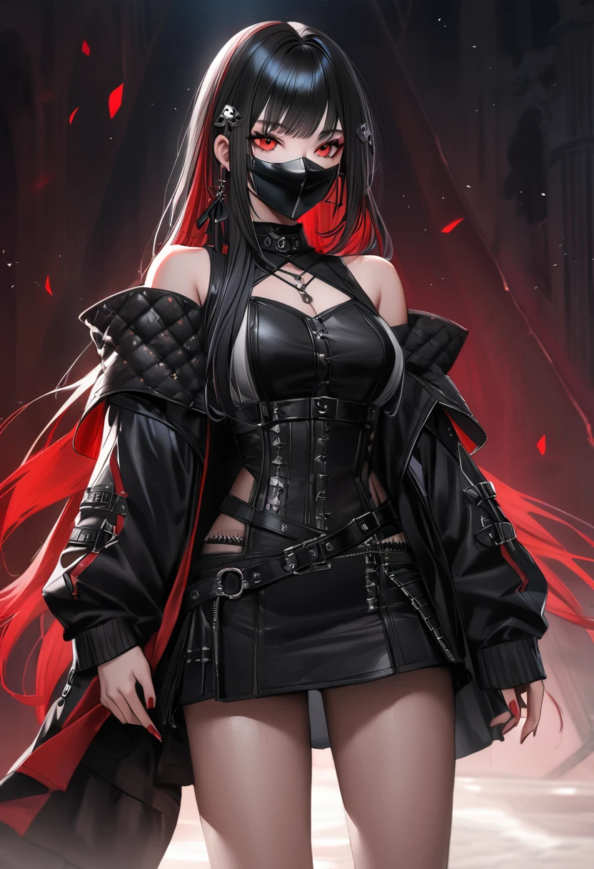 Gothic Punk、The inside color is red、Black-haired、hair ornaments、Beautiful girl、creative、Dark Fantasy Style、、Goth Fashion,Tight mini skirt、Fine skin、Realistic textured hair、((Black Mask)),Whole Body Ezbian