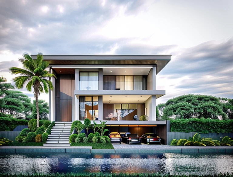 Modern style townhouse, with glass railings on the balcony and green trees, many light effects, cloudy sky, sun
