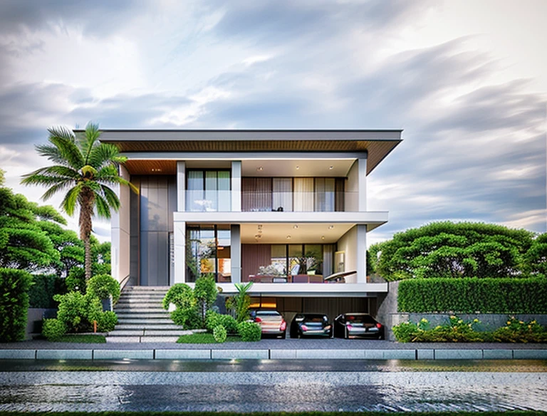 Modern style townhouse, with glass railings on the balcony and green trees, many light effects, cloudy sky, sun