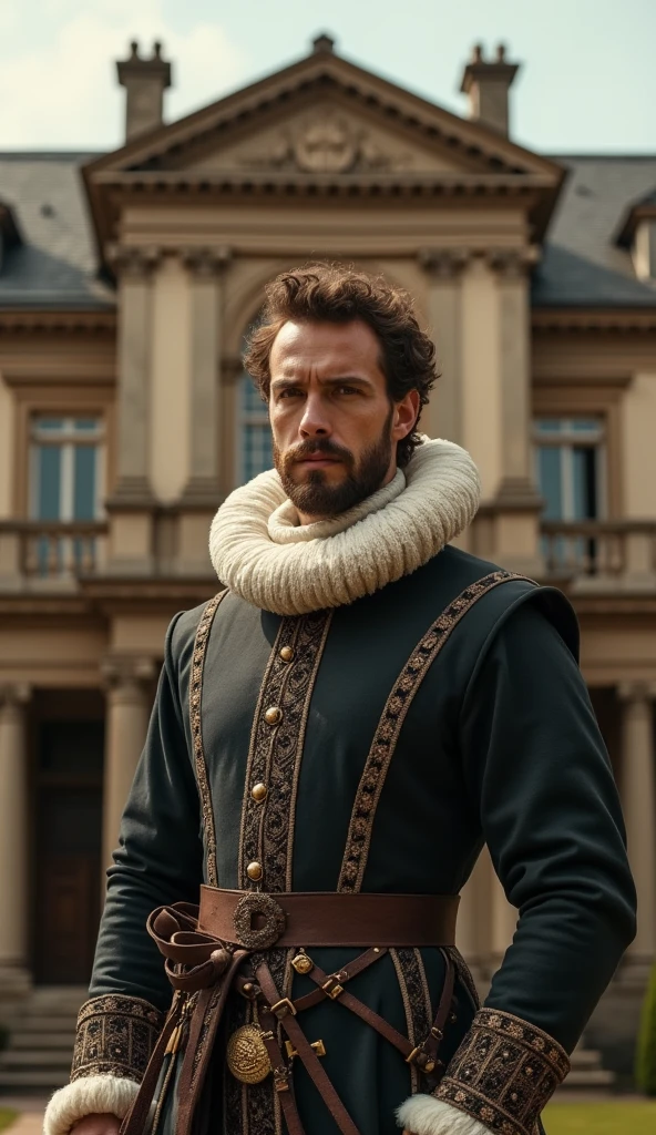 A 16th-century nobleman with a ruff collar that is modest in size, standing confidently in front of a grand Renaissance mansion. The collar is elegant but not too extravagant, indicating a wealthy but not overly ostentatious individual. The colors should be cinematic, capturing the grandeur of the era.