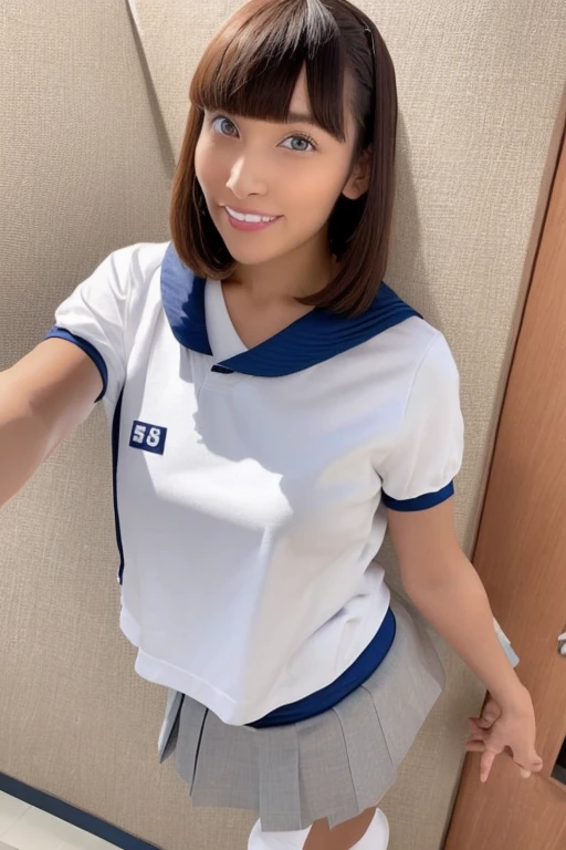 1girl, beautiful woman Japanese girls school white gym uniform tight navy blue bloomers, skinny, perfect body, defined abs, gold hair, standing in a white wall photography studio, ultra-detailed face, beautiful eyes, beautiful lips, double eyelids, shy smile, trimmed bangs, sun-kissed skin, hint of pubic hair, (best quality, 8k, masterpiece:1.3), frontal and full-body shot, pussy line, front facing, open legs