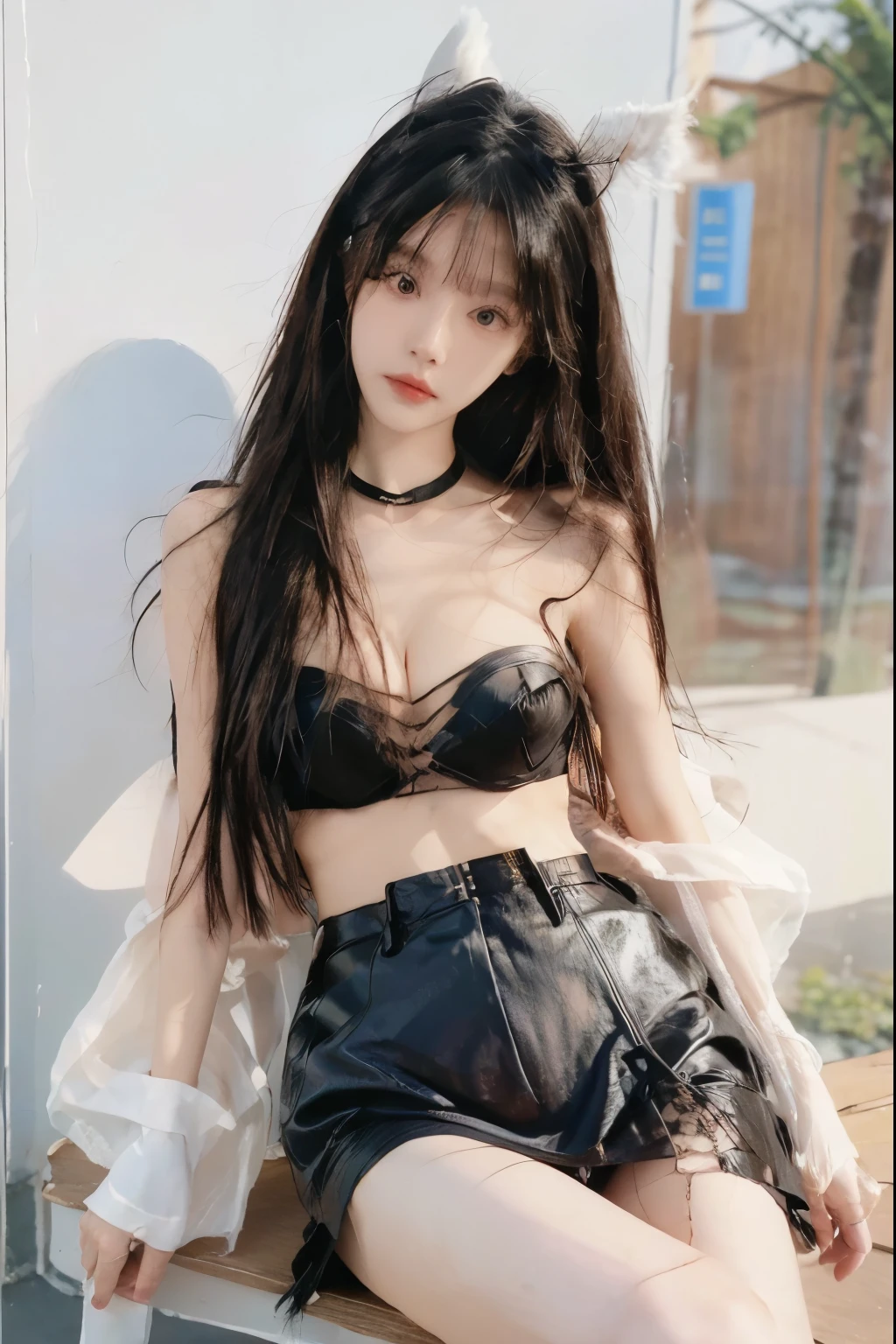 Beautiful woman with perfect body:1.4,Prominent cleavage,Layered Hairstyle,Highly detailed face and skin textures,Double eyelids,Skin Whitening,Long hair,Whitened long legs,(Rabbit ears、Black tube top、Black leather skirt)