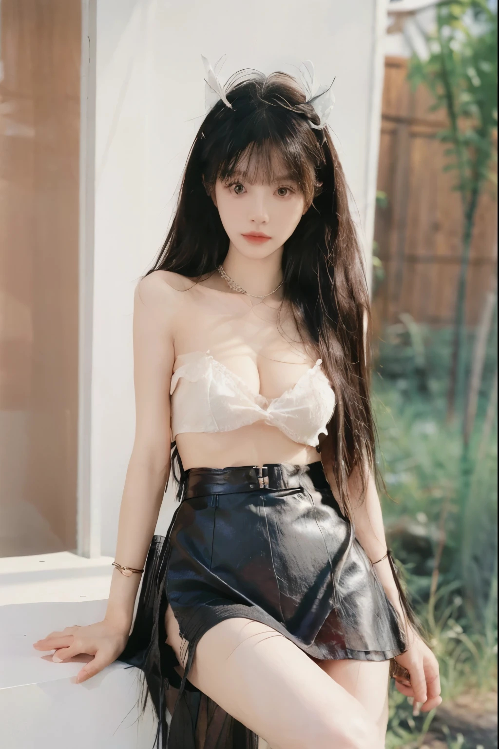 Beautiful woman with perfect body:1.4,Prominent cleavage,Layered Hairstyle,Highly detailed face and skin textures,Double eyelids,Skin Whitening,Long hair,Whitened long legs,(Rabbit ears、Black tube top、Black leather skirt)