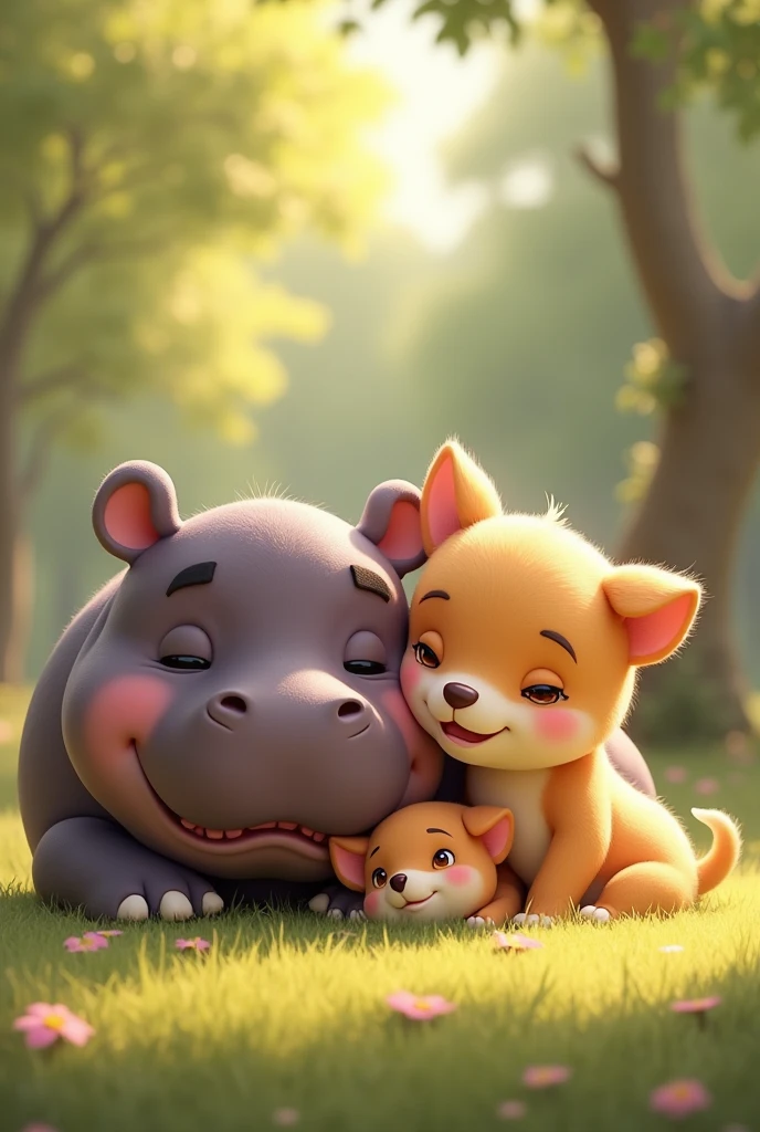 An image of 2 puppies lying on the ground together and next to them a happy hippo