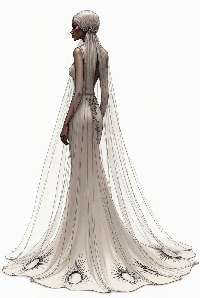create a fashion sketch of a woman from behind wearing a veil that covers the bride's face with a lot of volume, inspired by the solar eclipse, with embroidered designs