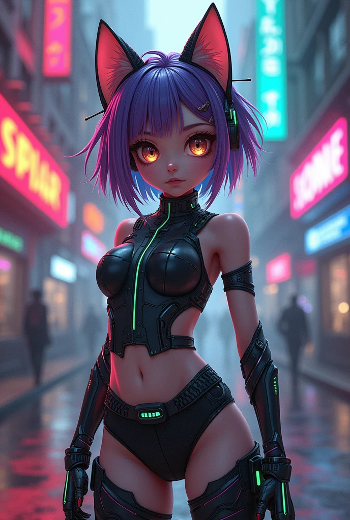 Make a female character With characteristics of a cyber punk cat mixed with cute and also mix the essences ideas or style of clothing or hair in the Vtubers mii reis and emikotoone with big brown hair with neon green streaks pink and purple and the hair style can be any