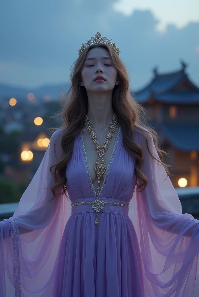 A charming Japanese woman elegantly dressed on the rooftop of an old castle in the middle of the night、The photo shows the front of the person looking up at the information with a calm expression.、It shows her inner peace and outer charm.。
A beautiful, goddess-like face is a sign of wisdom、Closeness、Highly intelligent、It has a very high appeal。Light brown, long, wavy hair。Thin lips。With her arms wide open towards the sky as if to accept everything, her pale purple dress shines splendidly.。A rainbow-colored griffin watches over us from the heavens like a guardian deity.。A tiara studded with gold and silver Swarovski crystals。A necklace with many jewels on the chest