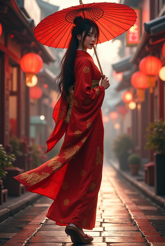 An eye-catching, beautiful, mature woman in a red kimono with gold patterns, like a prostitute, wearing high wooden clogs. Her hair is long and black, and she is walking through the streets of the red-light district.、She turns to me with a smile, holding an umbrella.