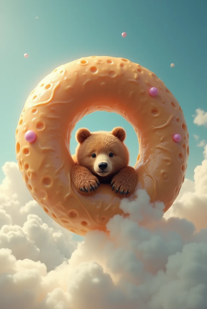 Brown bear in hole of ドーナツ at sky, bear is