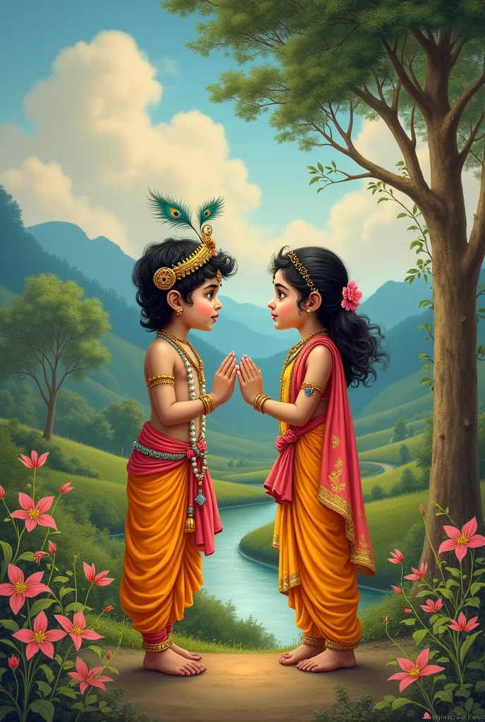 Krishna and Radha in childhood standing at large distance 