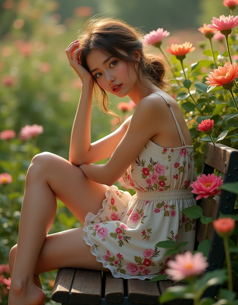 Dress the model in a short, playful garden dress. Position her among blooming flowers or sitting on a vintage garden bench, with one leg extended and the other bent, as she gazes enticingly towards the camera. Use soft, golden lighting to enhance the vibrant garden colors and create a romantic, whimsical atmosphere.