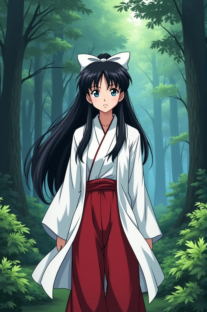 Inuyasha style image of a girl with white skin, blue eyes, an oval face with a serious expression, physically similar to Kagome Higurashi, long black hair tied up completely with a white ribbon, wearing a white priestess outfit with red pants, standing full body in a forest