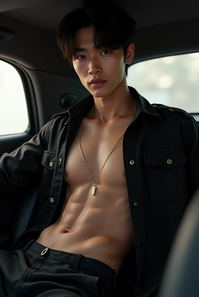 A handsome korean boy with 8 six pack wearing a open black shirt and a miltary style underwear in a car