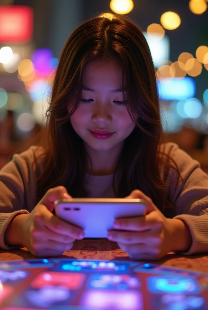A beautiful Vietnamese girl is playing a mobile game on a table decorated in a gaming style, viewed from the bottom up.