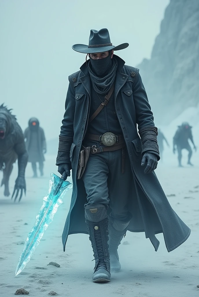 A monster hunter who wears dark, western-style clothing. (cowboy hat, cloth mask on the mouth and leather clothes). He holds an ice sword and is walking in a desert of snow and sand.. There are some creatures walking around